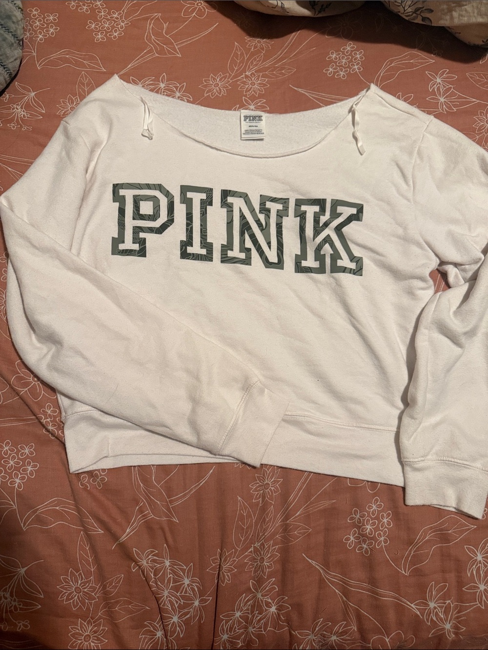 PINK Victoria's Secret White Off-Shoulder Sweatshirt with Green Logo